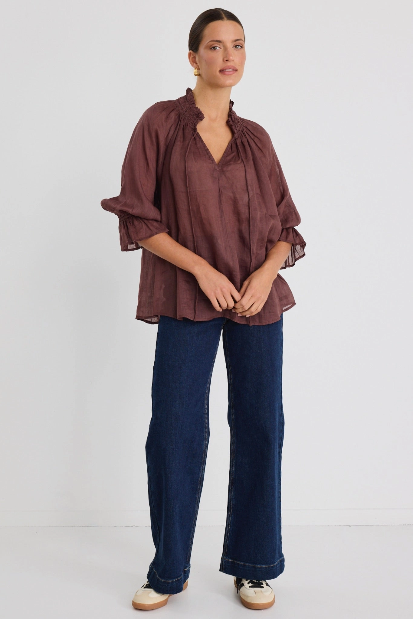 V-neck Blouse Expedition Chocolate Ramie Shirred Neck Short Sleeve Top