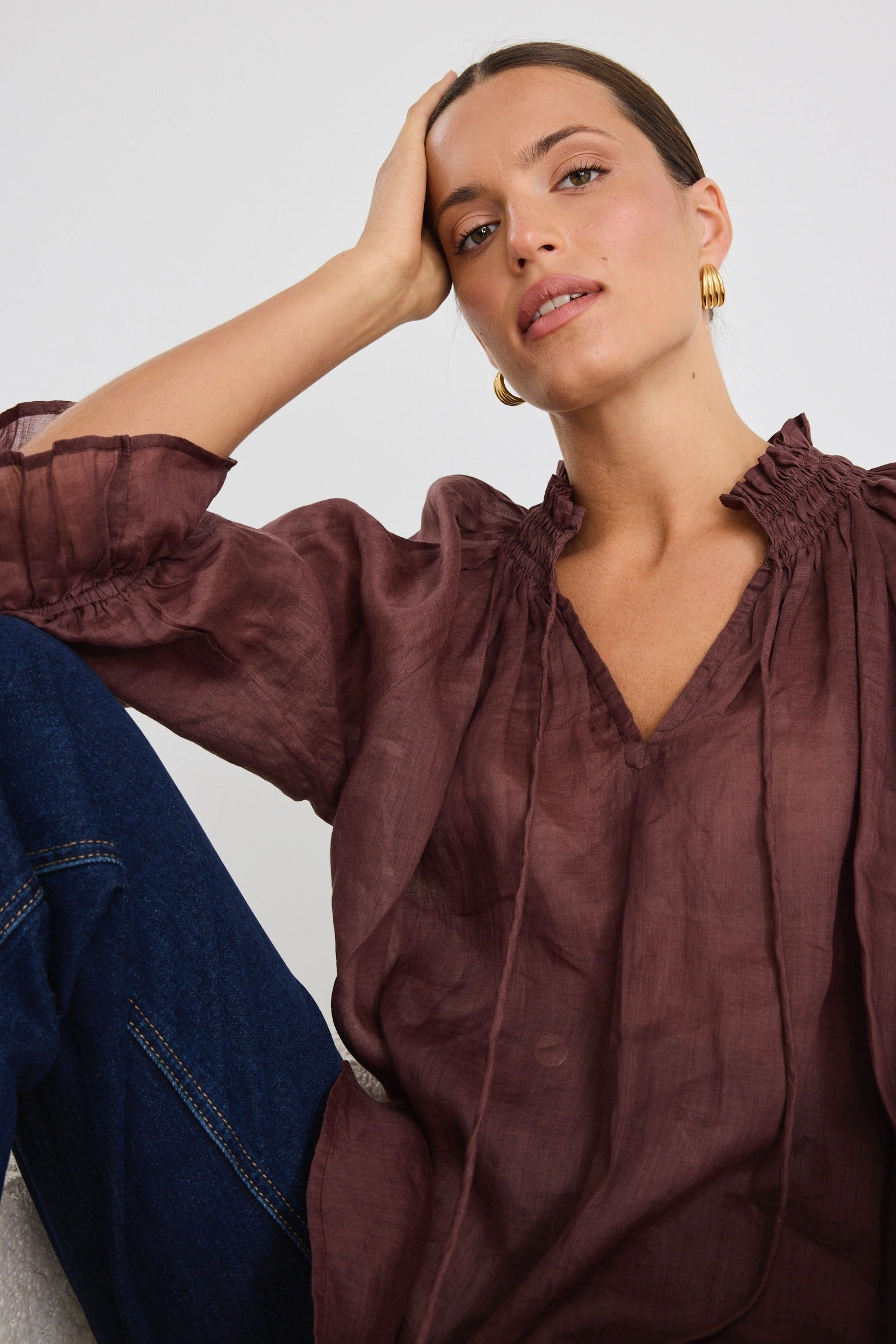 Denim Shirt Comfortable Cut Expedition Chocolate Ramie Shirred Neck Short Sleeve Top