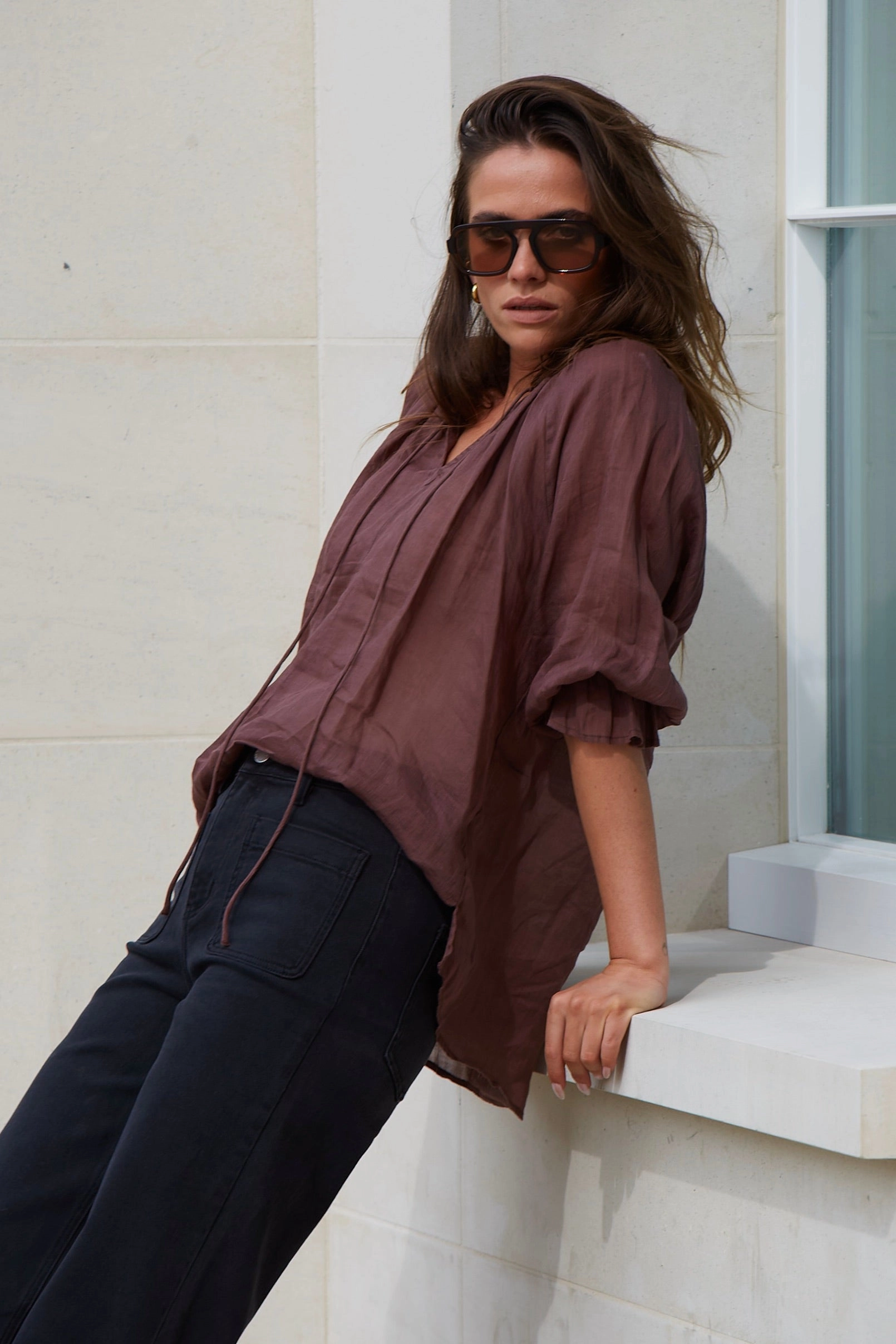 Expedition Chocolate Ramie Shirred Neck Short Sleeve Top Compact Weave Fabric Adjustable Hem Cuff