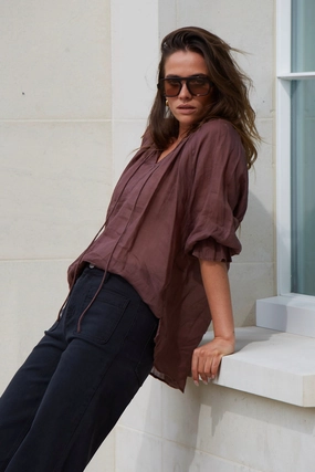 Expedition Chocolate Ramie Shirred Neck Short Sleeve Top Compact Weave Fabric Adjustable Hem Cuff