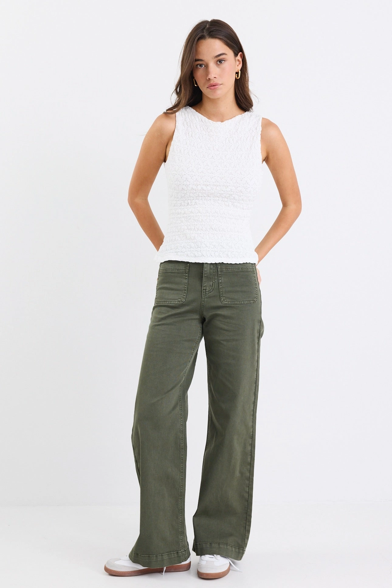 Zoey Dark Khaki High Rise Wide Leg Pocket Jean smooth zipper