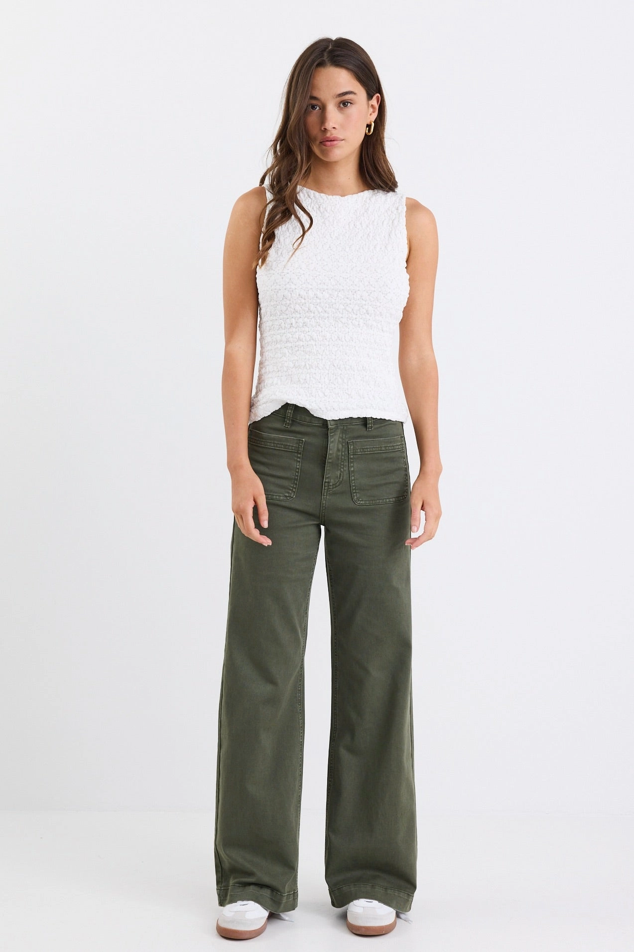 Practical Fit Lightweight Material Zoey Dark Khaki High Rise Wide Leg Pocket Jean