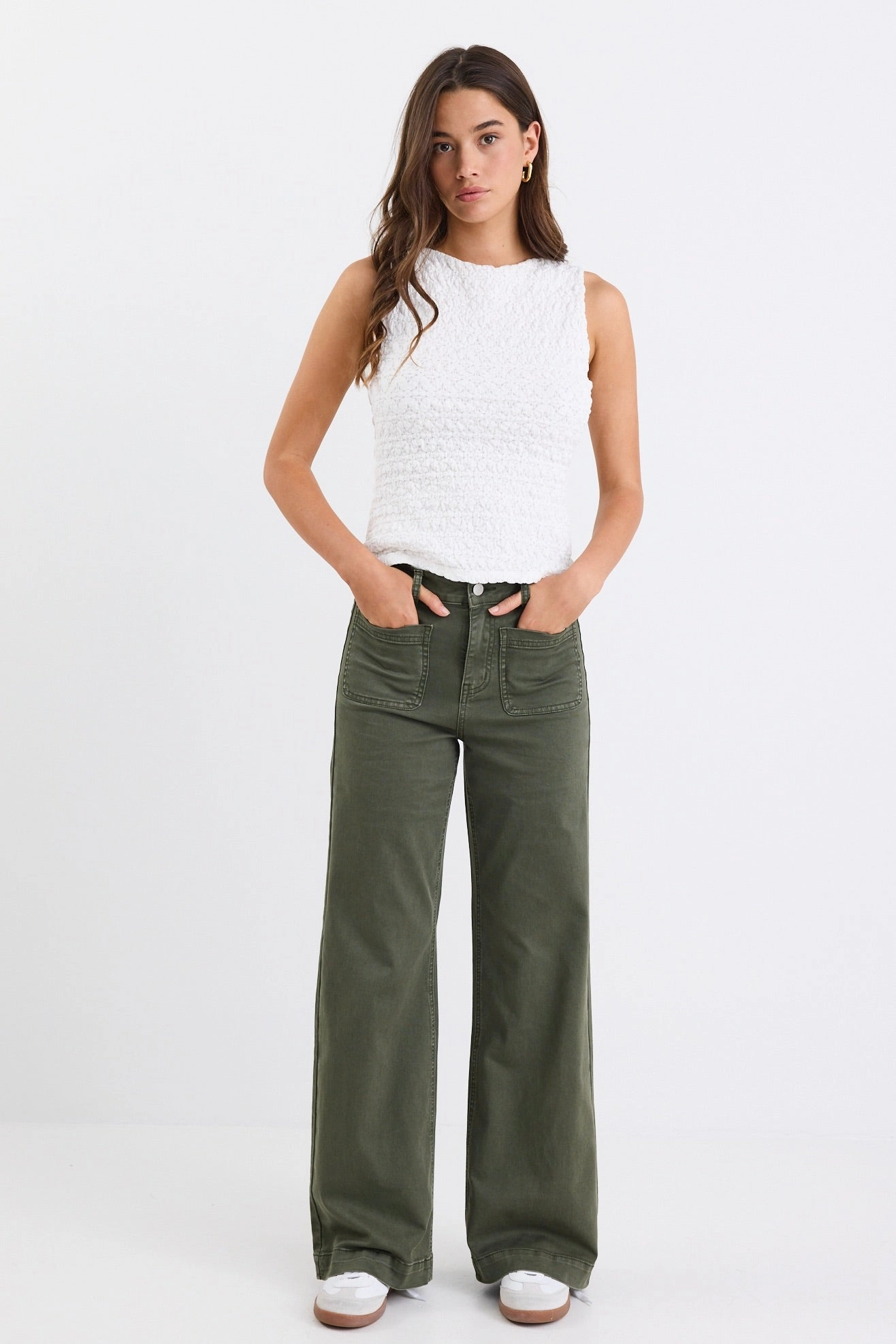 Zoey Dark Khaki High Rise Wide Leg Pocket Jean Quick Release Buckle Timeless Comfort