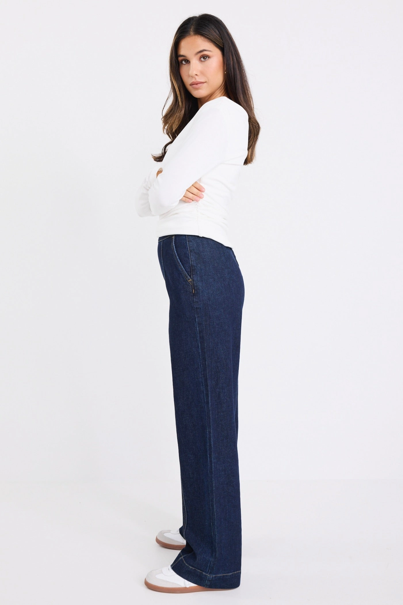 DurableReinforcedMaterial Breathable Wearable Imperial Indigo Flat Front Wide Leg Jean