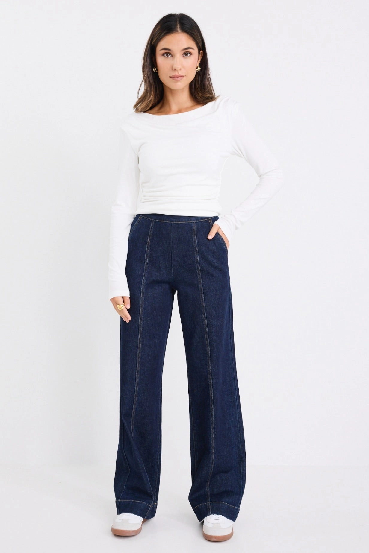 Water resistant coating Breathable mesh lining Imperial Indigo Flat Front Wide Leg Jean