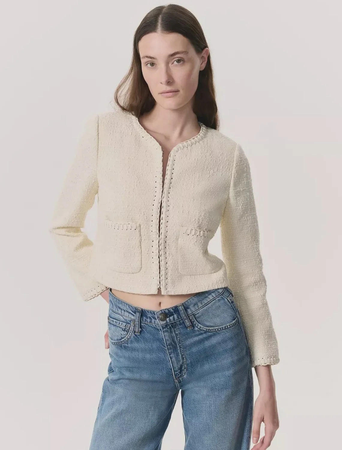 Anti Static Interior NonBulkyLayering R&B Cheyenne Tweed Jacket in White