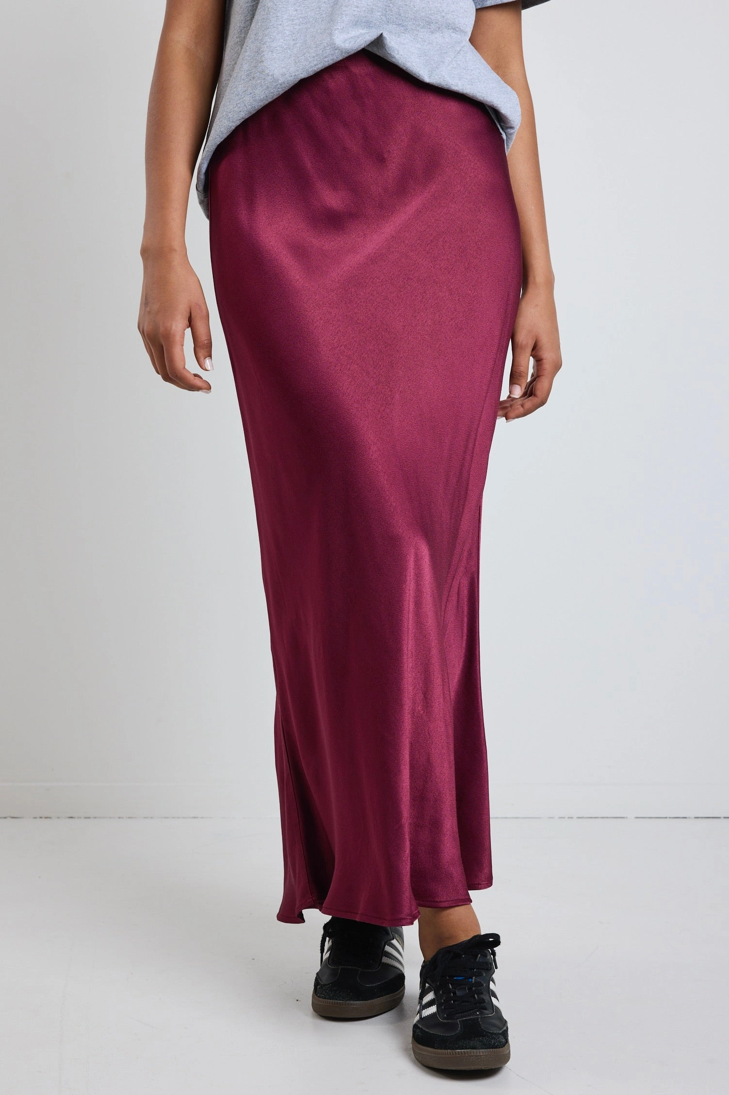 Talent Burgundy Plum Satin Bias Midi Skirt Stretch Material Collaboration Piece