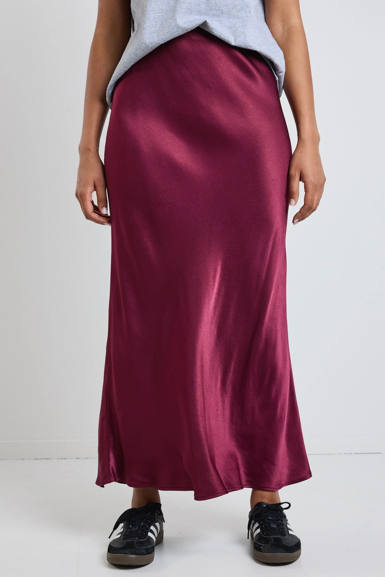 Breezy Outfit Talent Burgundy Plum Satin Bias Midi Skirt