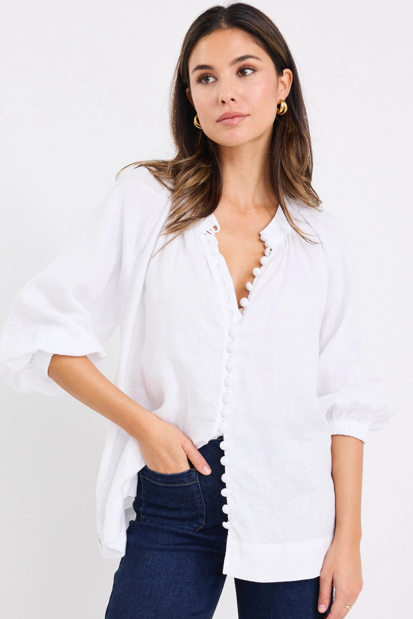 Restoration White Linen Button Front Mid Sleeve Blouse Ultrasoft Inner Lining DoubleLayeredCollar