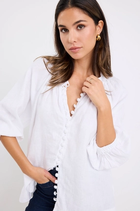 Restoration White Linen Button Front Mid Sleeve Blouse Layered Neckline