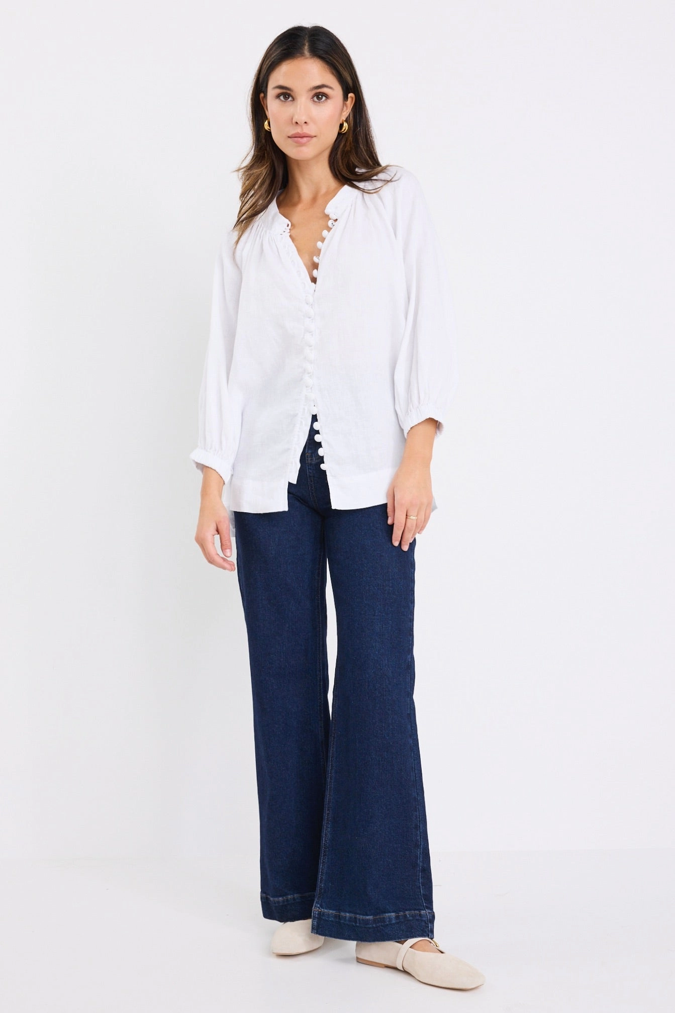 Tencel Lyocell Fiber PolishedFinish Restoration White Linen Button Front Mid Sleeve Blouse