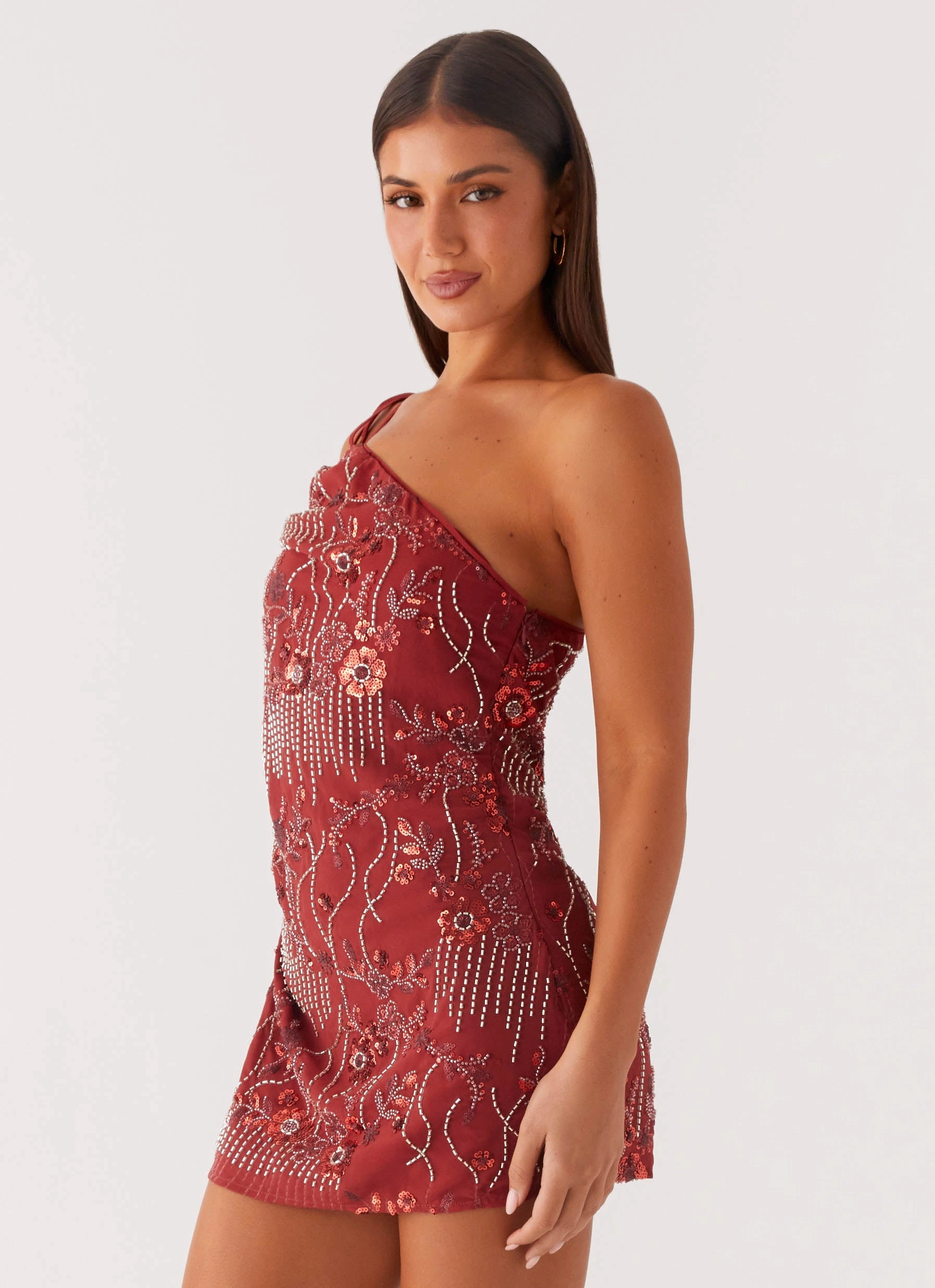 Temptational Beaded One Shoulder Mini Dress - Rust Festive Mood