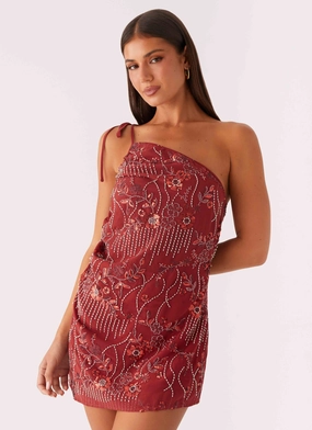Temptational Beaded One Shoulder Mini Dress - Rust Chilly Weather Layer