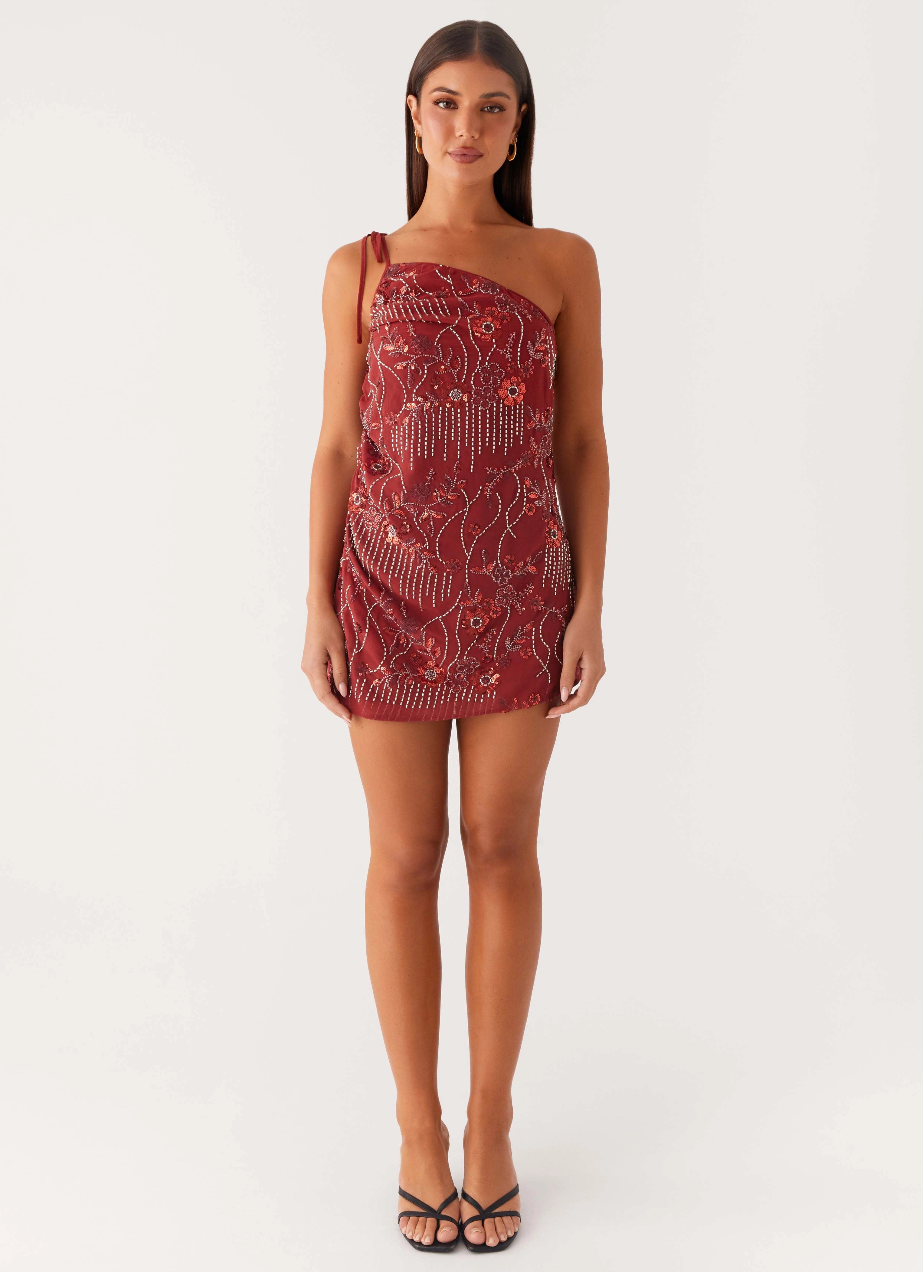 Tie-dye Flowy Cut Temptational Beaded One Shoulder Mini Dress - Rust