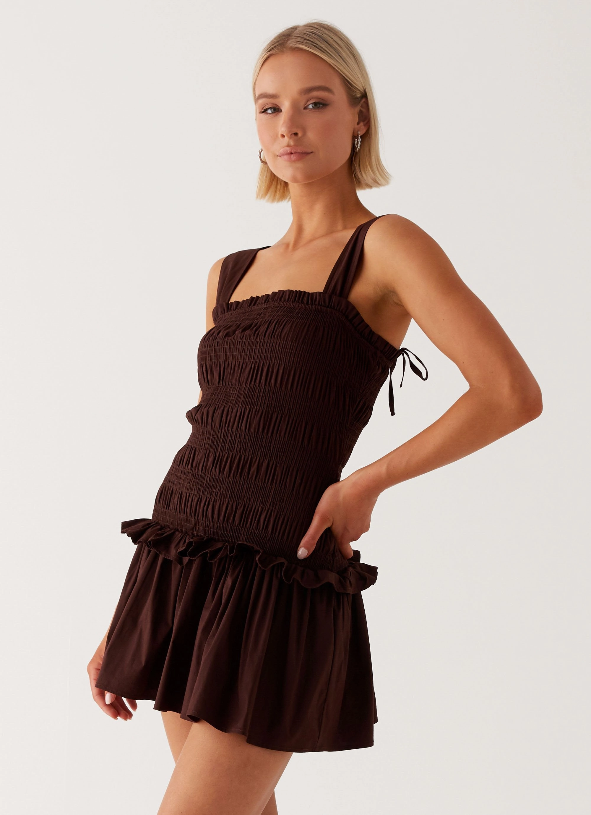 Tenielle Mini Dress - Brown Lightweight Fabric Cinched-Waist