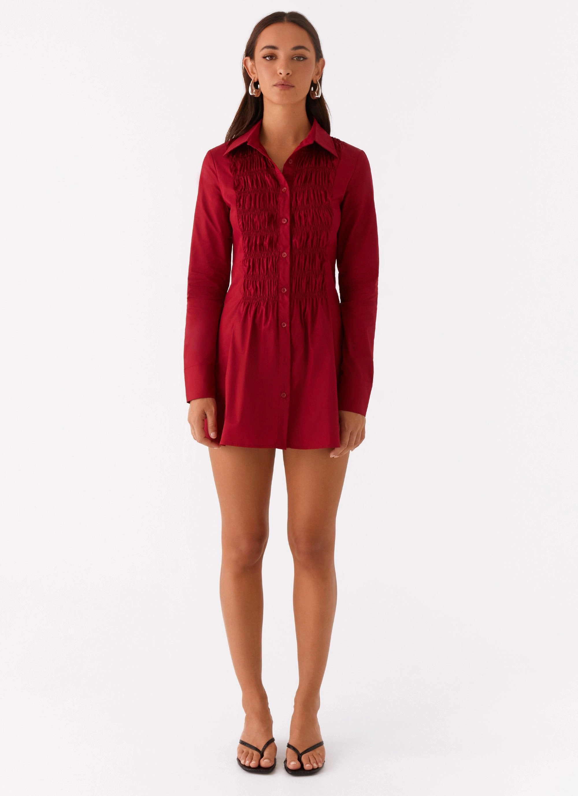 Dark Tones Clear Blush Tessie Shirred Shirt Dress - Rhubarb