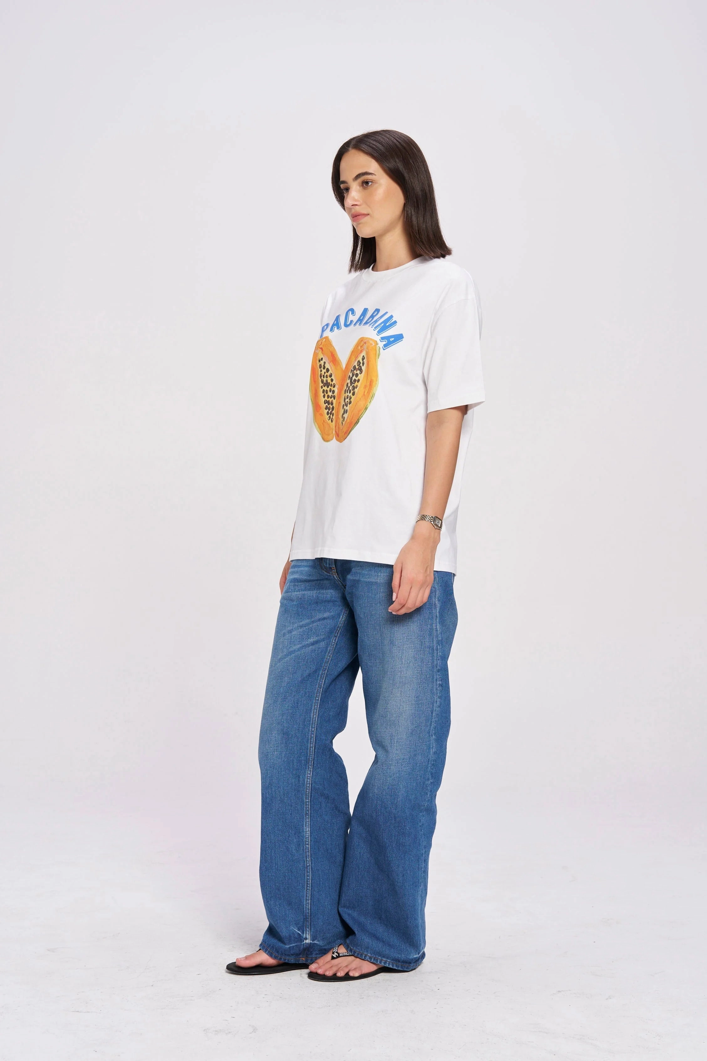 Non Restrictive Collar Copacabana White Fruit Print Oversized Tee