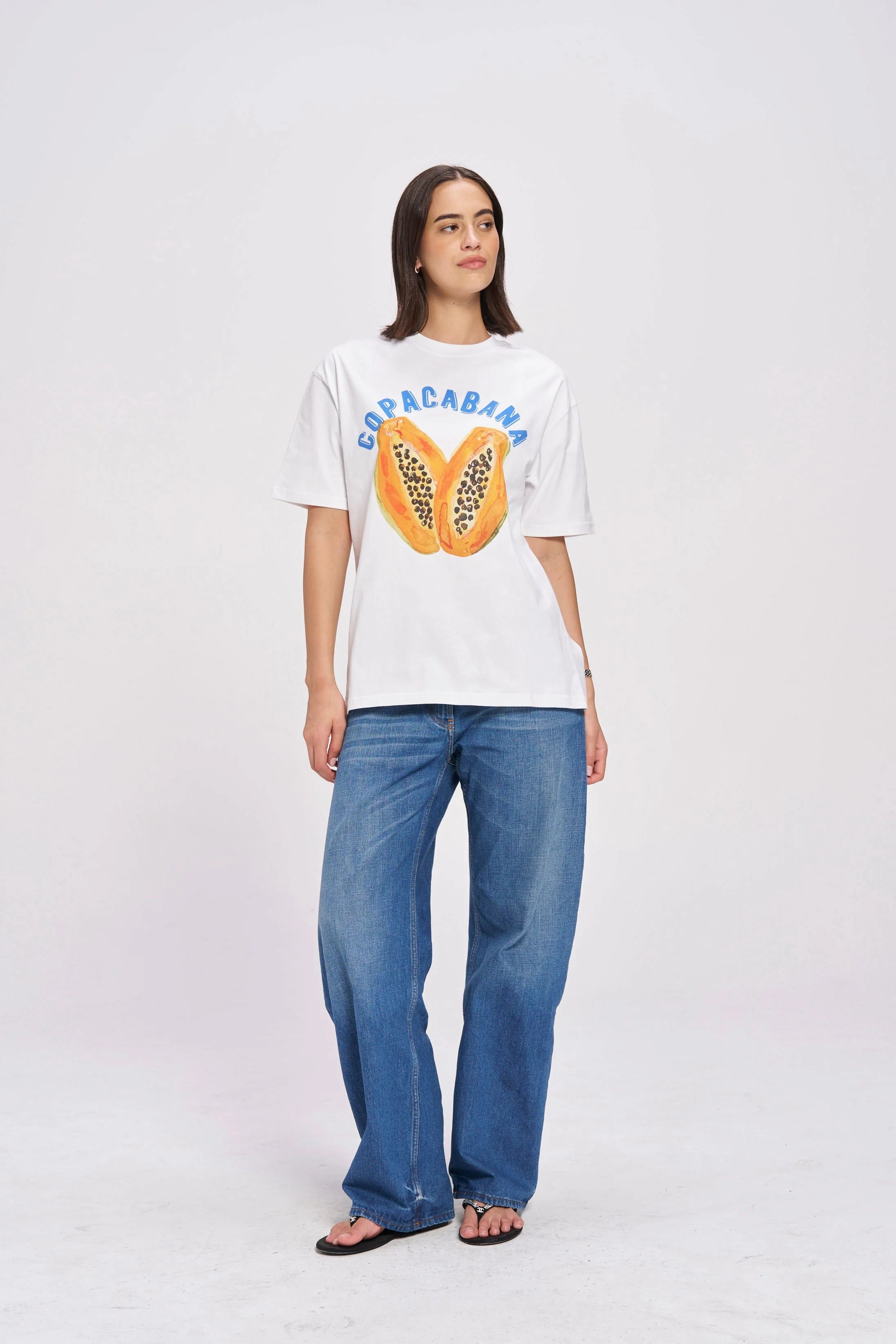 Copacabana White Fruit Print Oversized Tee Curved Hem Design