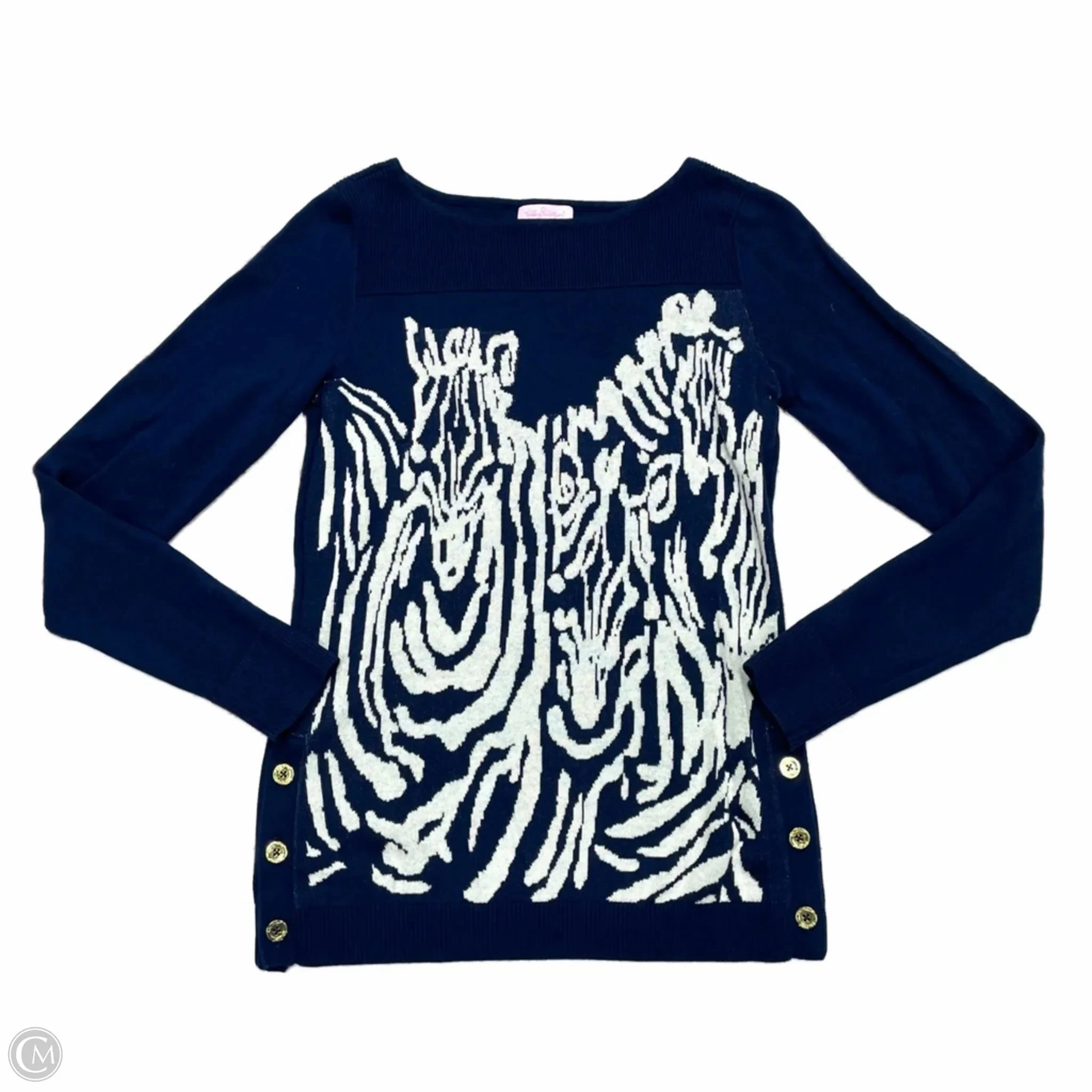 Classic Crew Neck Sweater Designer By Lilly Pulitzer In Blue & White, Size: M