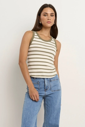 Cobble Khaki Ivory Stripe Rib Cutaway Tank Light Fabric