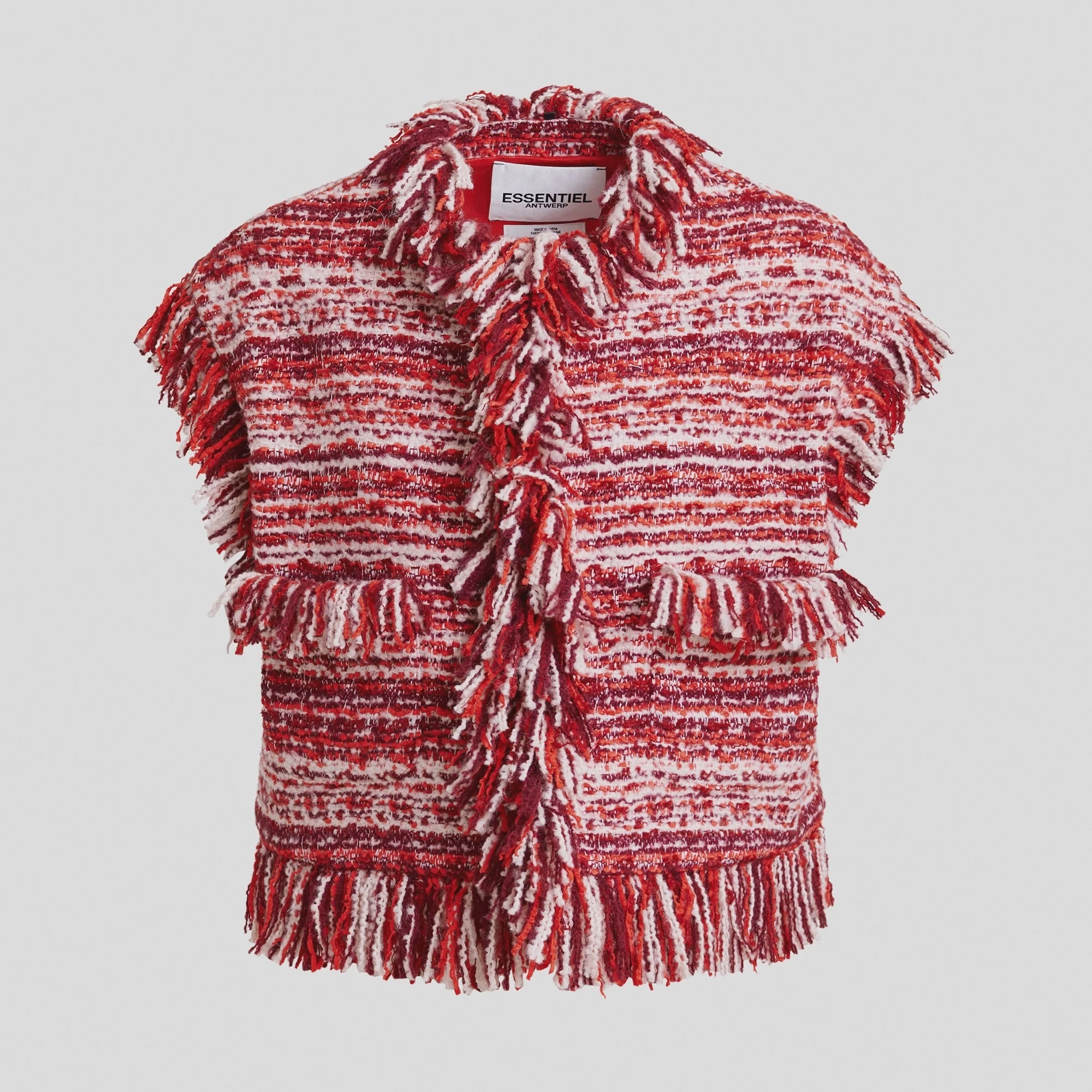 Ergonomic Sleeve Shaping Stretch Enhanced Mobility Zones Essentiel Antwerp Ishani Fringed Gilet in Santa Claus