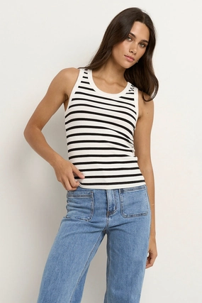 Flexible Waistband Cobble White Black Stripe Rib Cutaway Tank