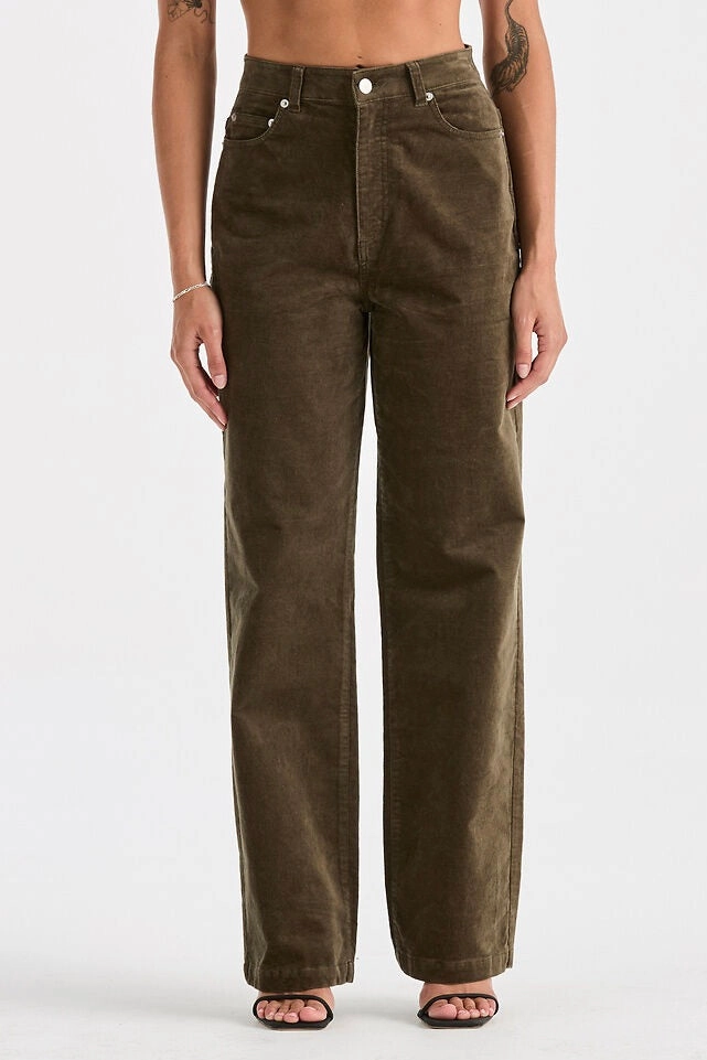 Hi Wide Deep Olive Cord Pant Easy Care Fabric Finish