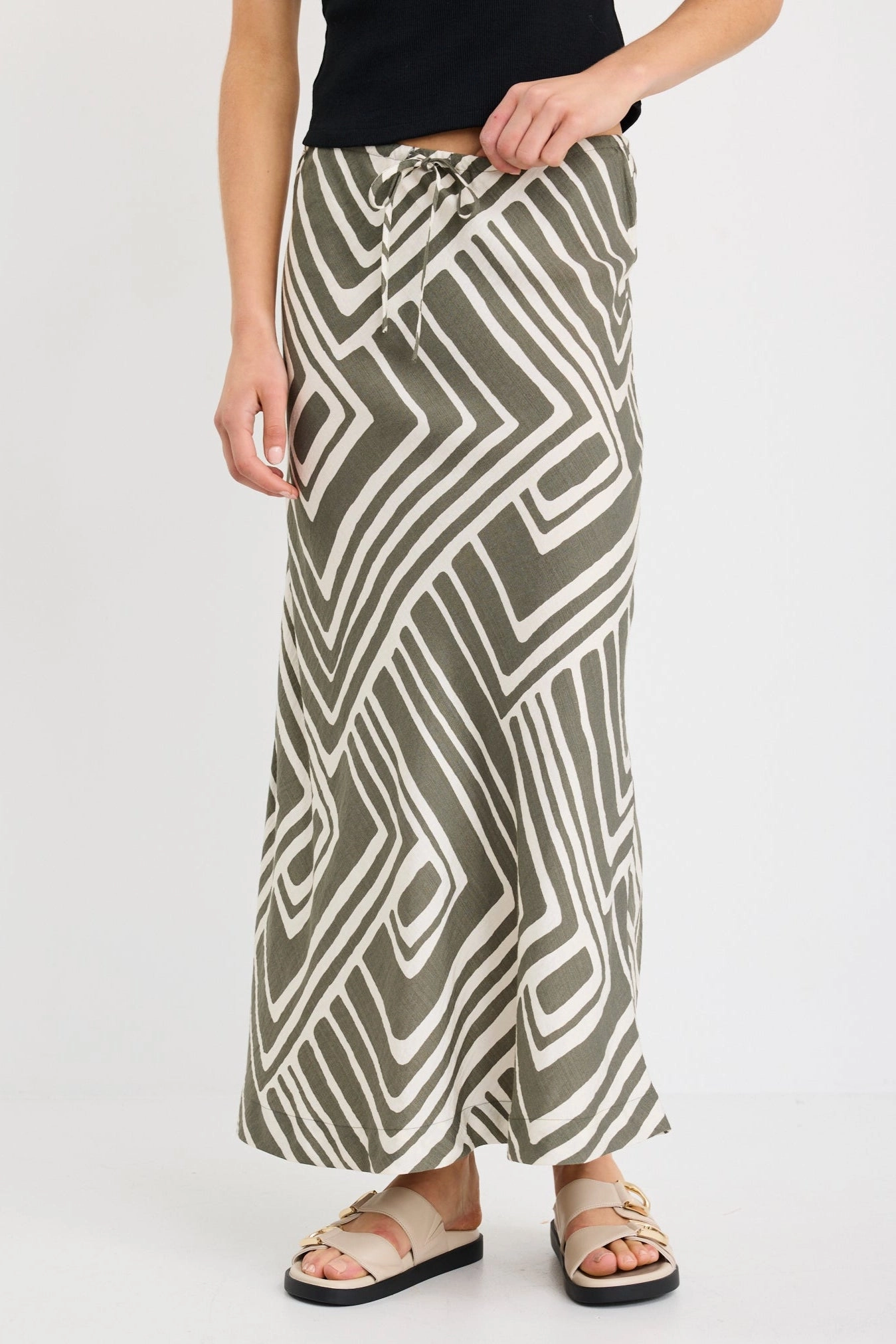 Durable Hem Heritage Craft Departure Khaki Maze Print Tie Waist Bias Maxi Skirt
