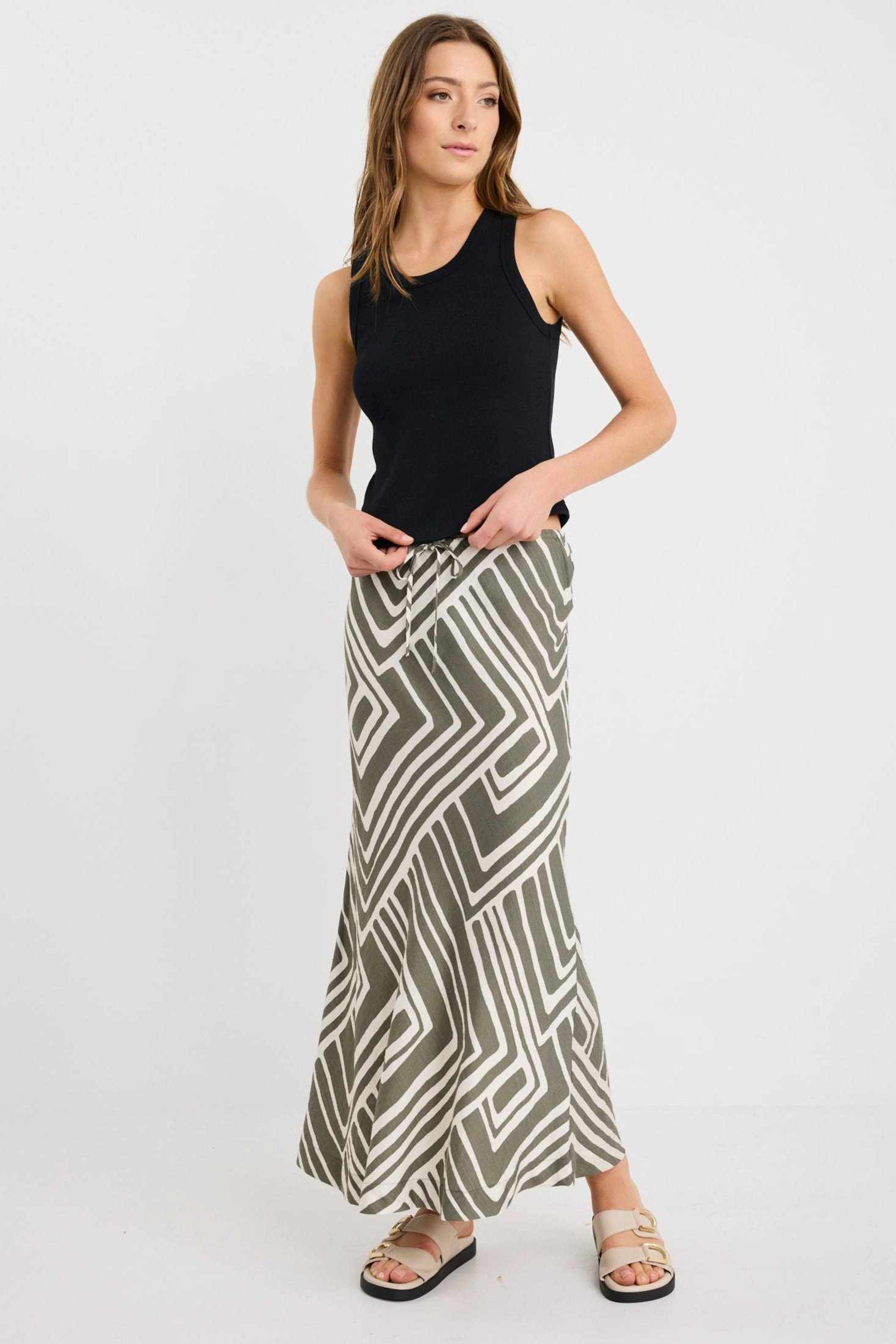Everyday Look Departure Khaki Maze Print Tie Waist Bias Maxi Skirt