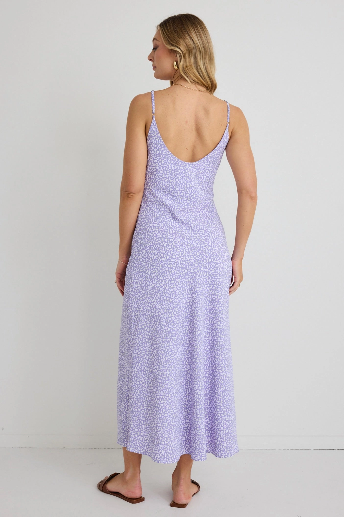 Pure Elegance Youthful Look Dallas Lilac Ditsy Floral Strappy Midi Dress