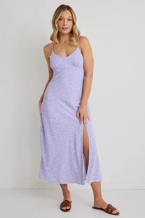 Modern and Feminine Light Flow Dallas Lilac Ditsy Floral Strappy Midi Dress