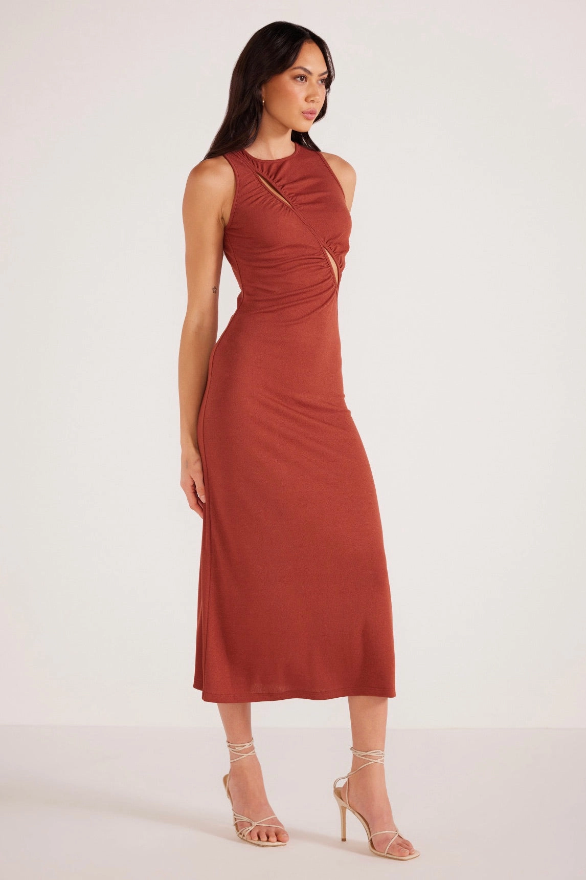 Vanessa Rust Ruched Midi Dress Zip-Closure retro-style
