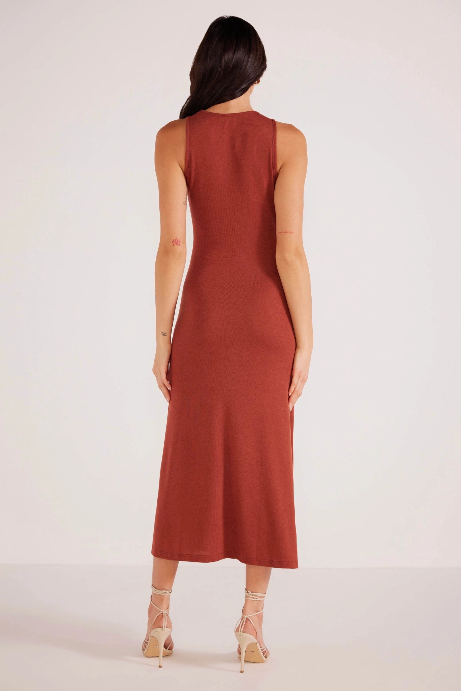 Silk Flow Japan Cool Vanessa Rust Ruched Midi Dress