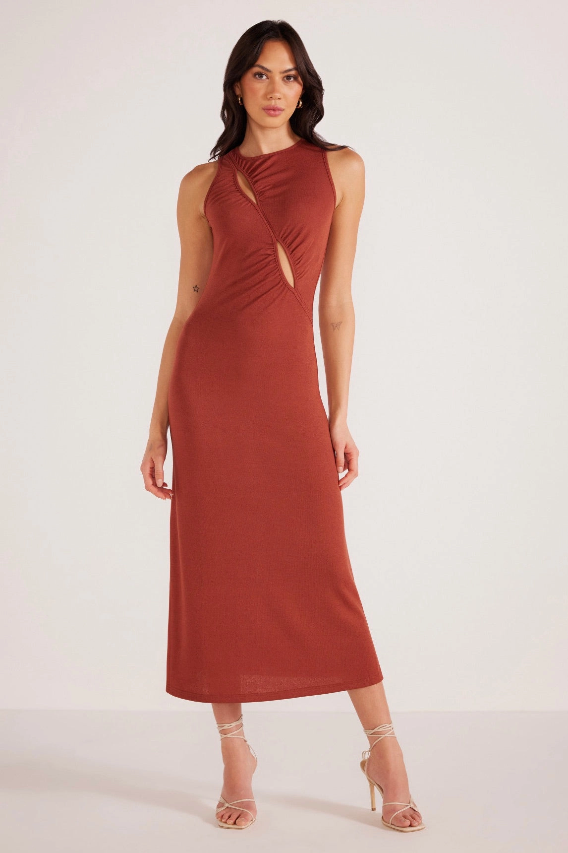 Vanessa Rust Ruched Midi Dress Perfect Layer Lounge Style