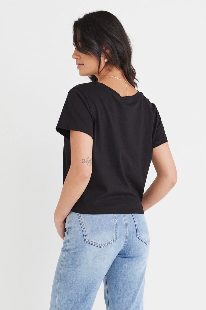 Timely Black Tie Front Organic Tee Cozy Sweater Fray Resistant Edges