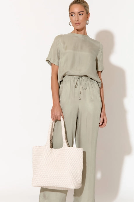 Arden Sage Cupro Top All Weather Performance Fabric Drop Shoulder Silhouette