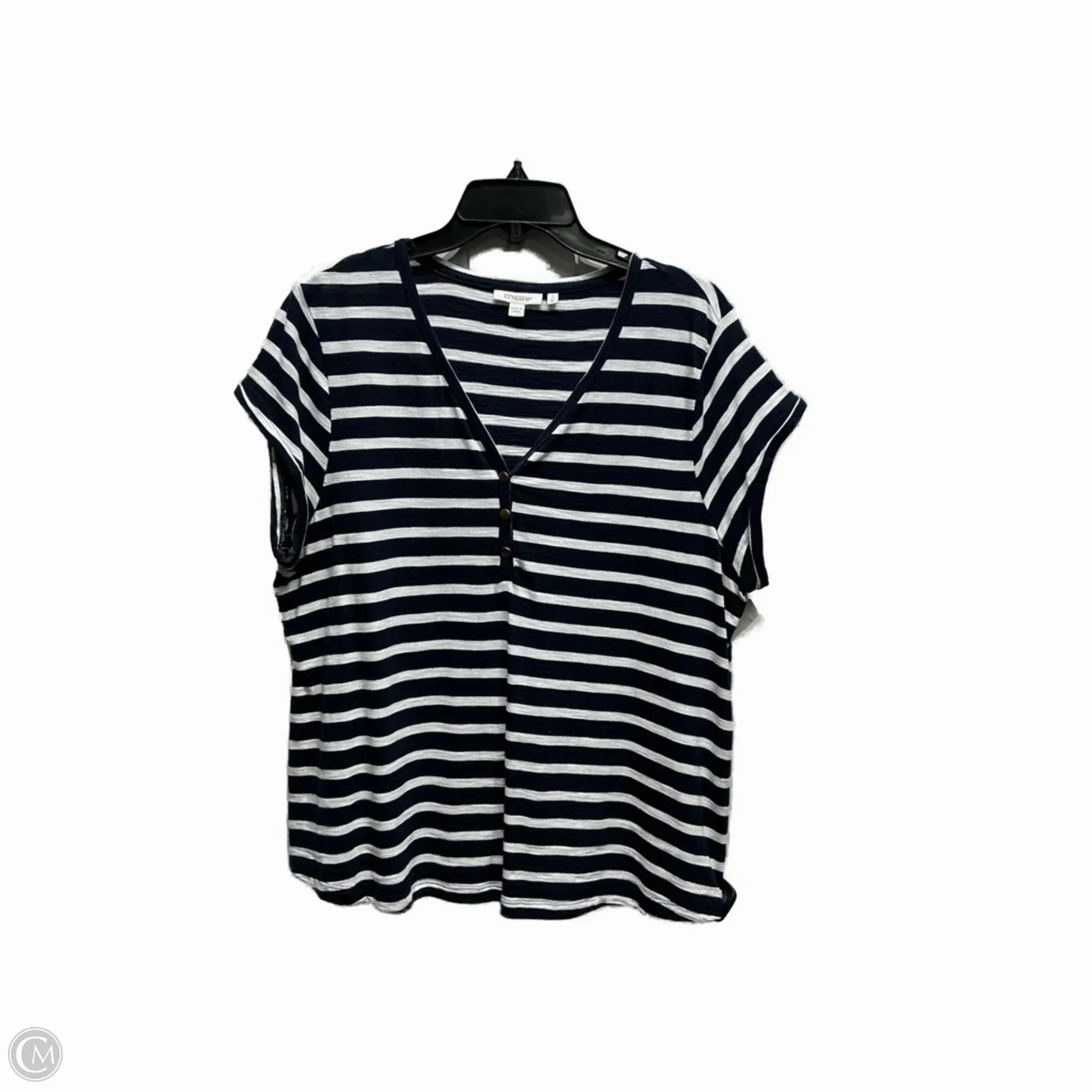 MoistureWicking Top Short Sleeve By Chicos In Blue & White, Size: Xl