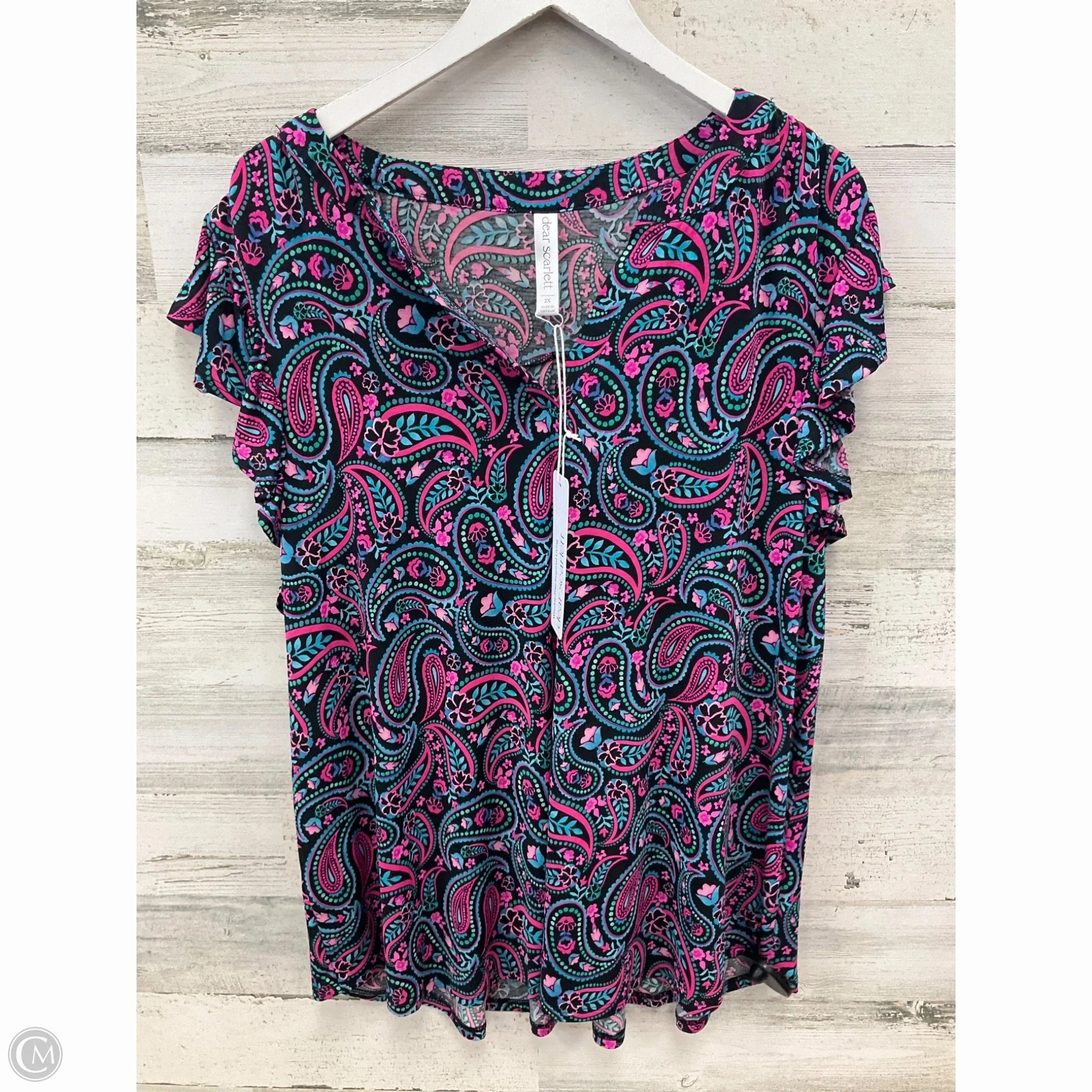 Floral Print Quick Drying Top Short Sleeve By Clothes Mentor In Black & Pink, Size: 2x