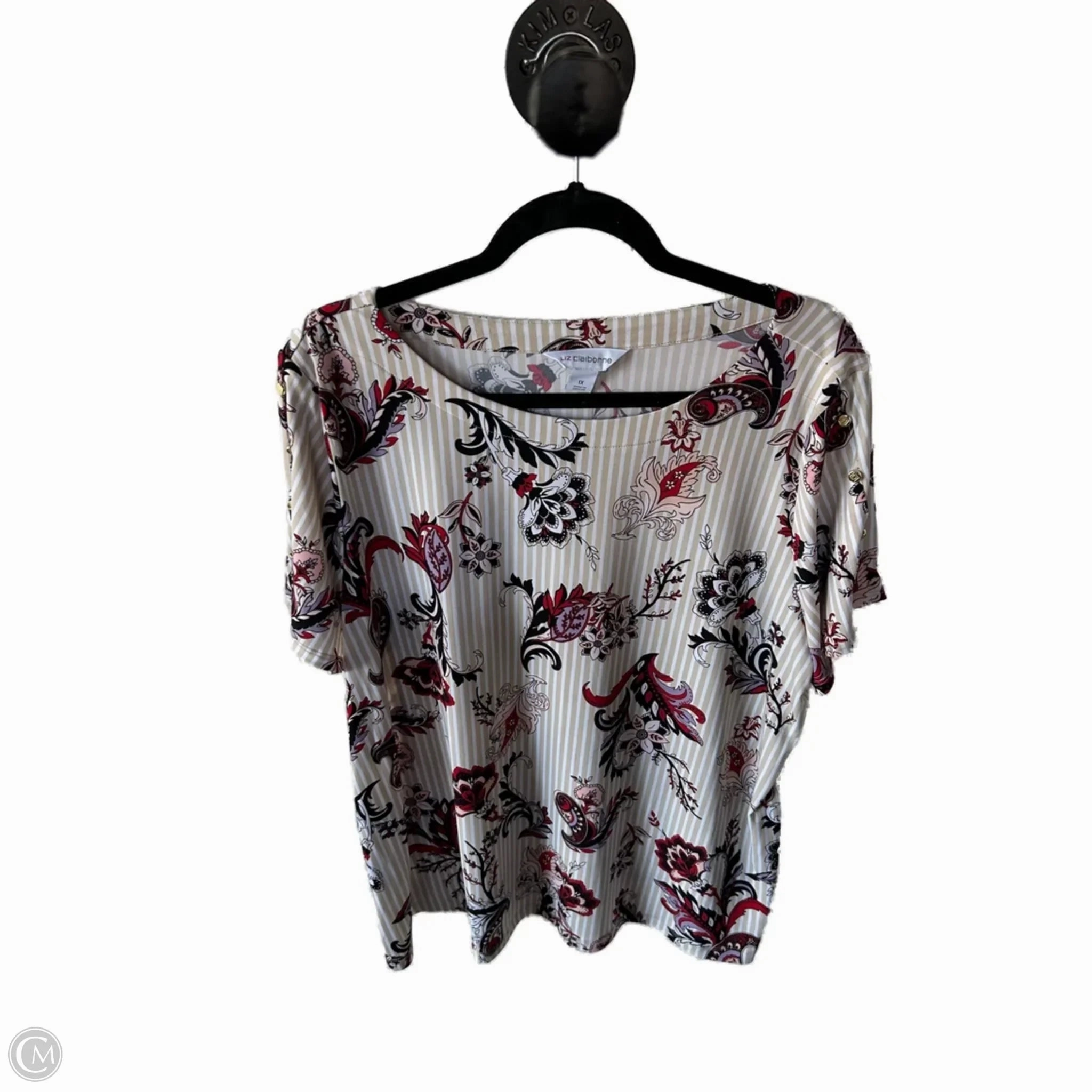 Stretchable Weave Top Short Sleeve By Liz Claiborne In Black & Tan, Size: 1x