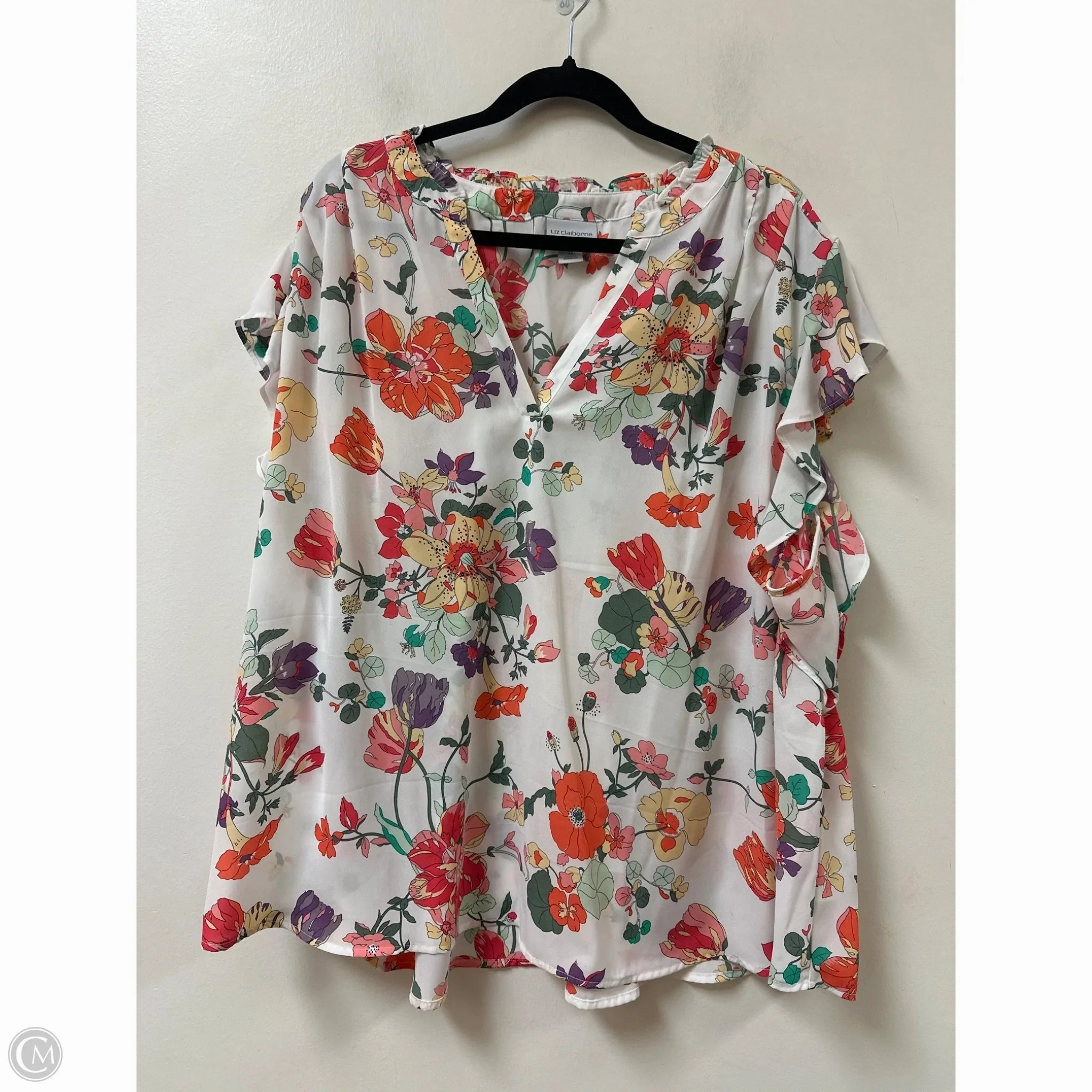 Top Short Sleeve By Liz Claiborne In Floral Print, Size: 3x Ruffled edges