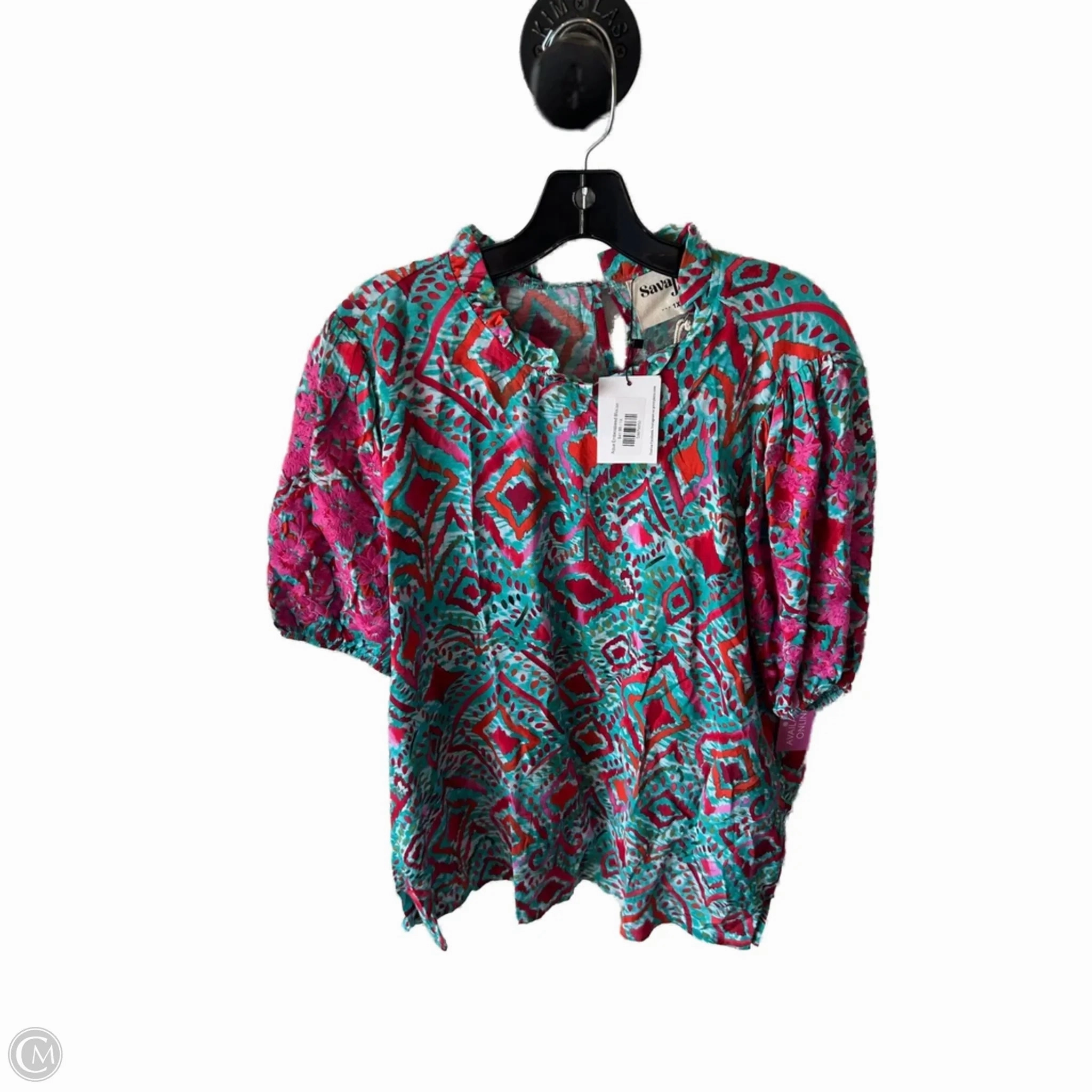 Top Short Sleeve By Savanna Jane In Blue & Pink, Size: 1x Wrinkle Resistant Texture Relaxed Waist