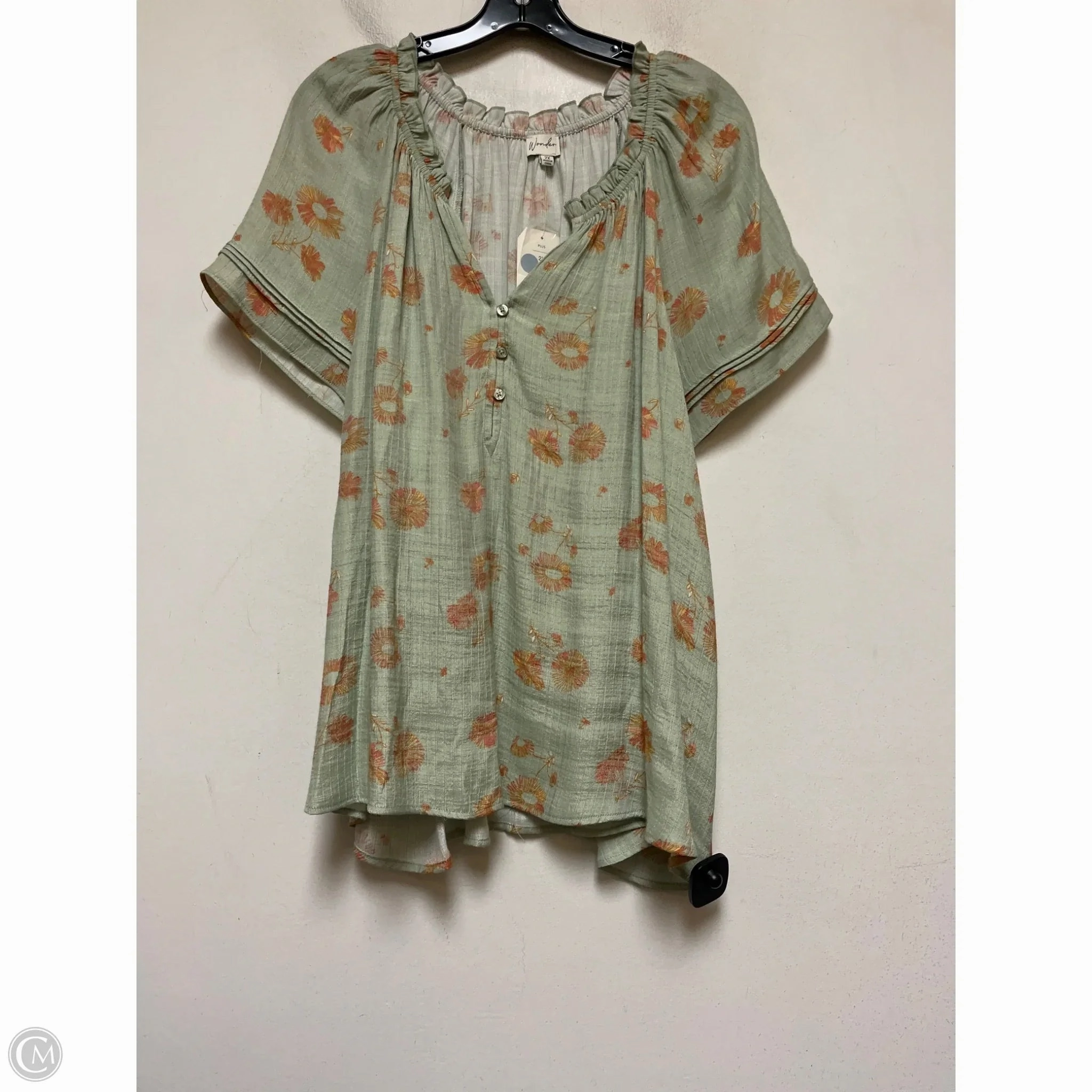 petite size Top Short Sleeve By Wonderly In Green & Orange, Size: 2x