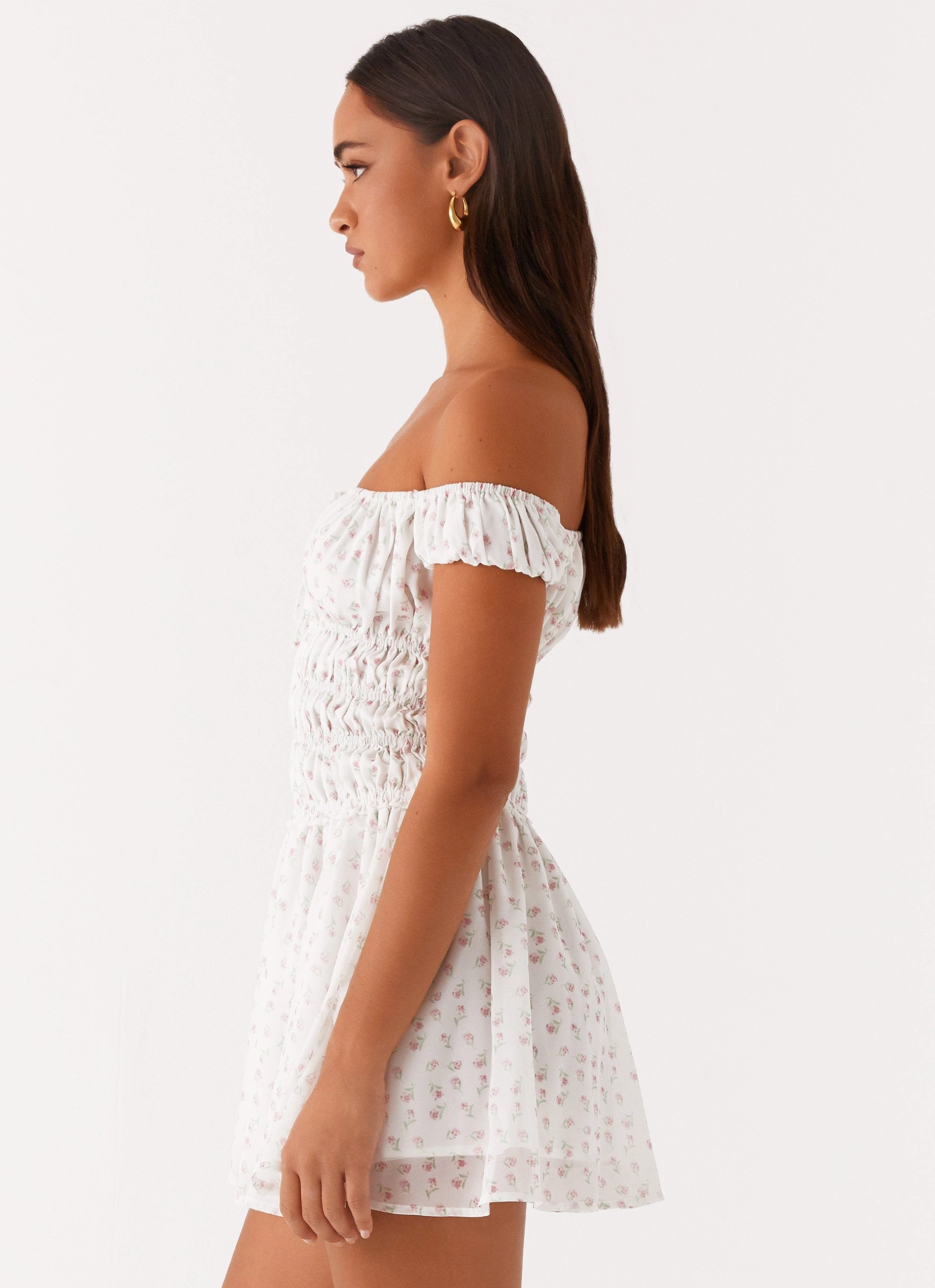 Total Bliss Shirred Mini Dress - White Floral Silky texture Simple yet sophisticated gown