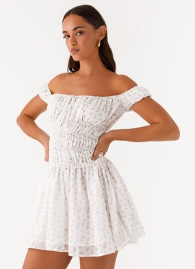 Shine Dressy Total Bliss Shirred Mini Dress - White Floral