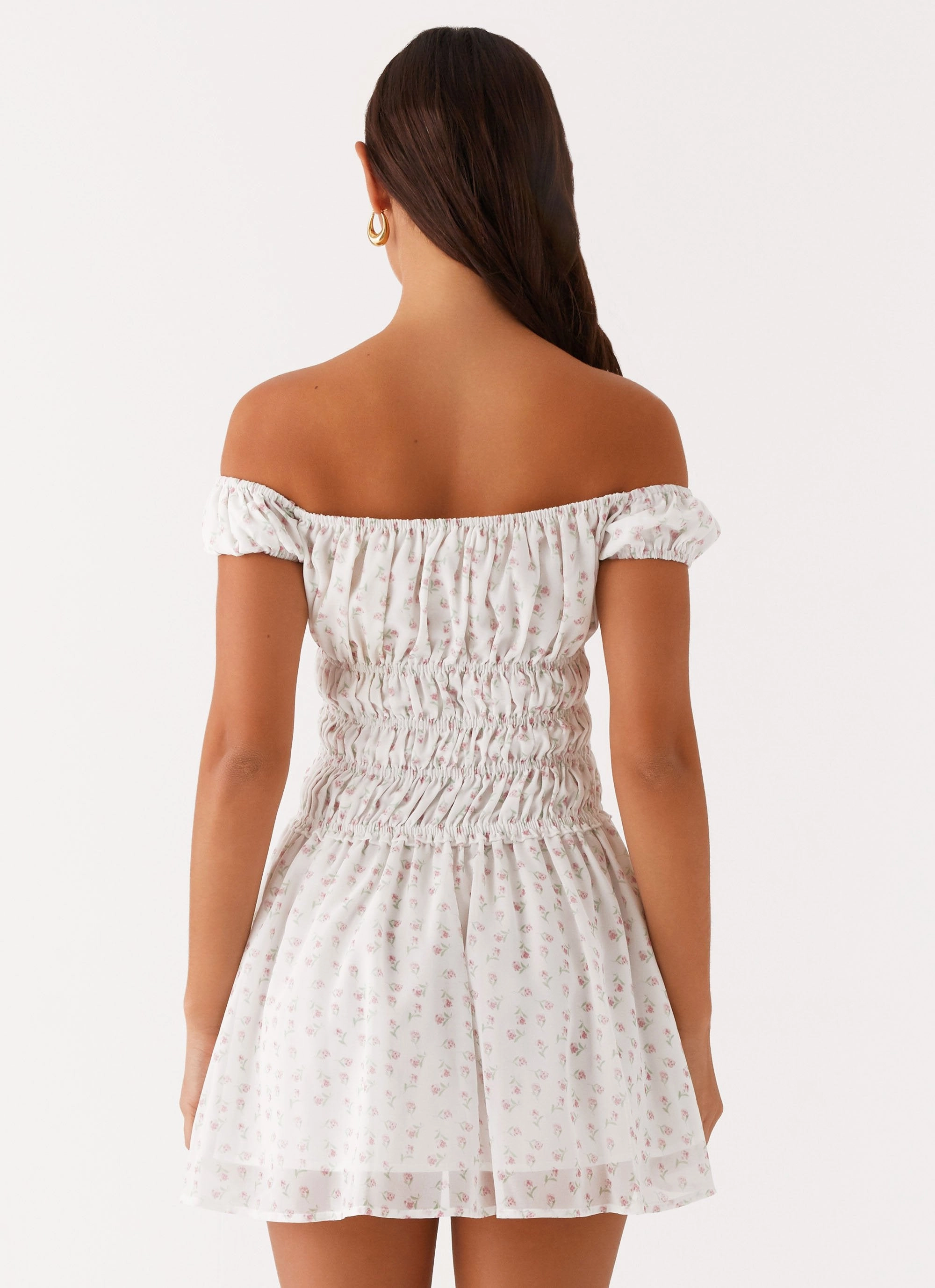 Ruffle-Detail Urban Look Total Bliss Shirred Mini Dress - White Floral