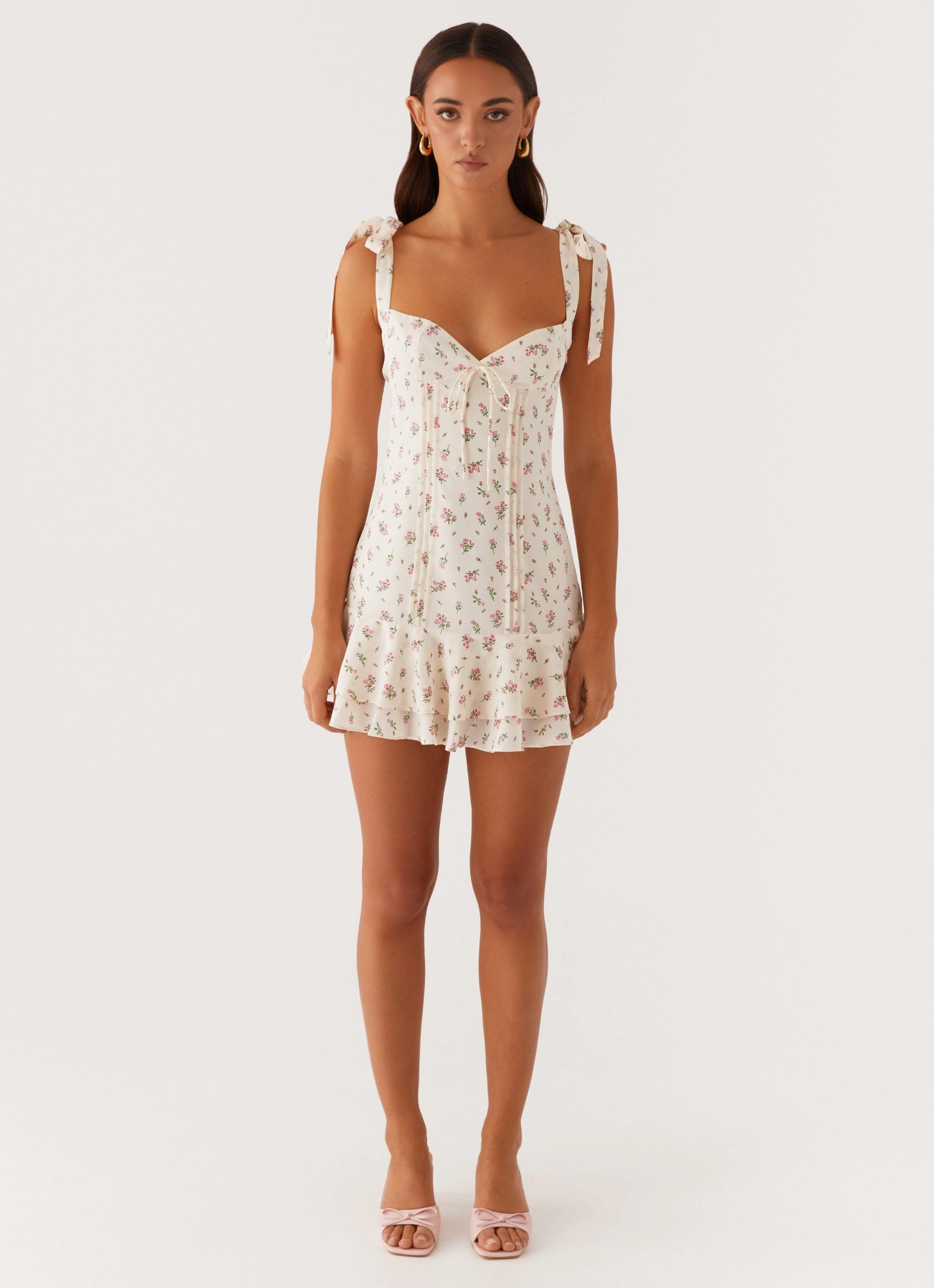 Tonal-Stitching Fresh Combo Tova Mini Dress - White Flower