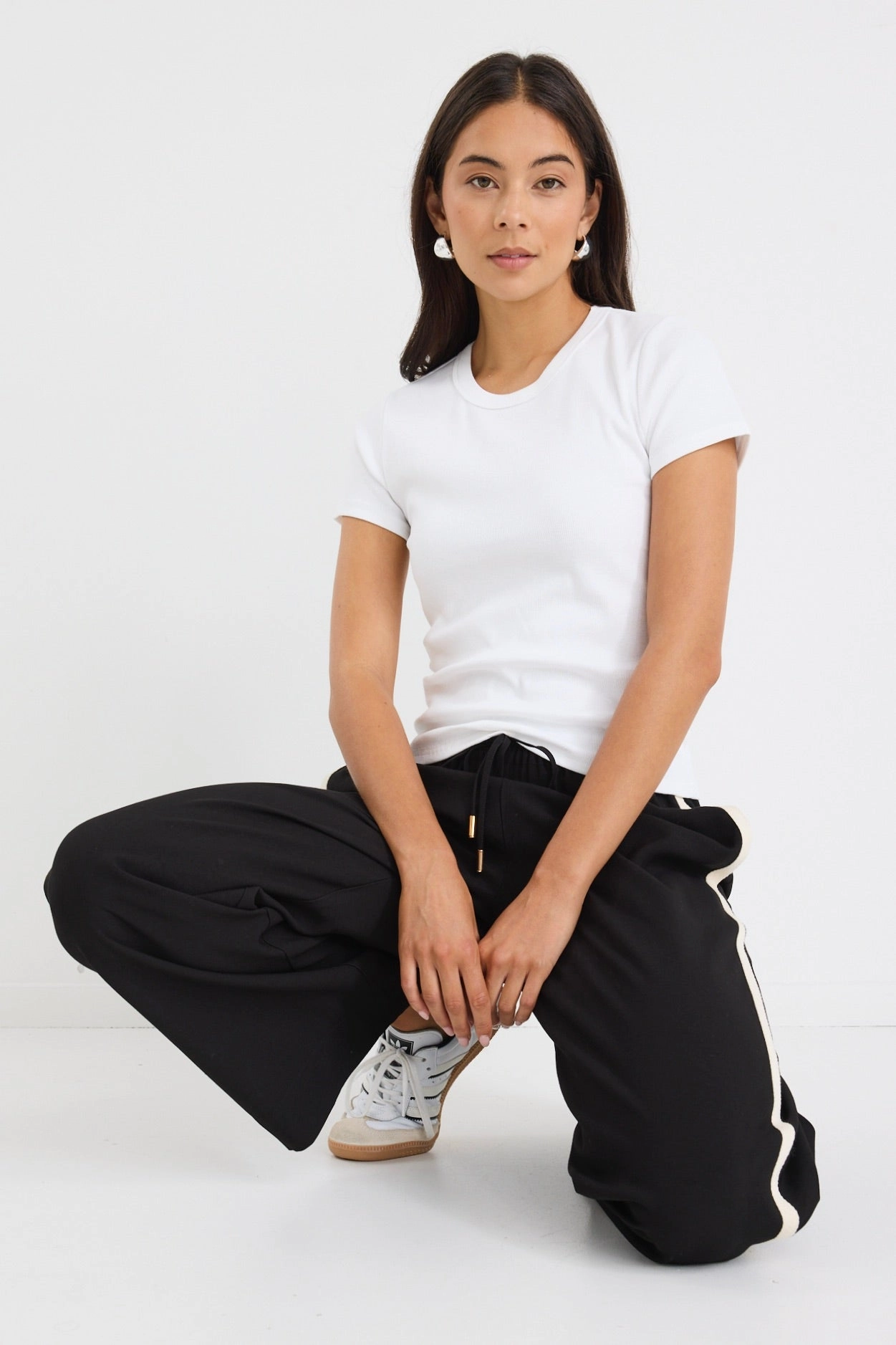 Versatile Layer High Waist Stretch Townie Black Matte Stripe Side Tape Wide Leg Pants