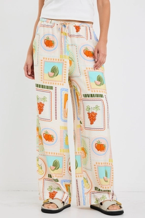 Travel Cream Tropical Postcard Wide Leg Pull On Pants Shape Retention