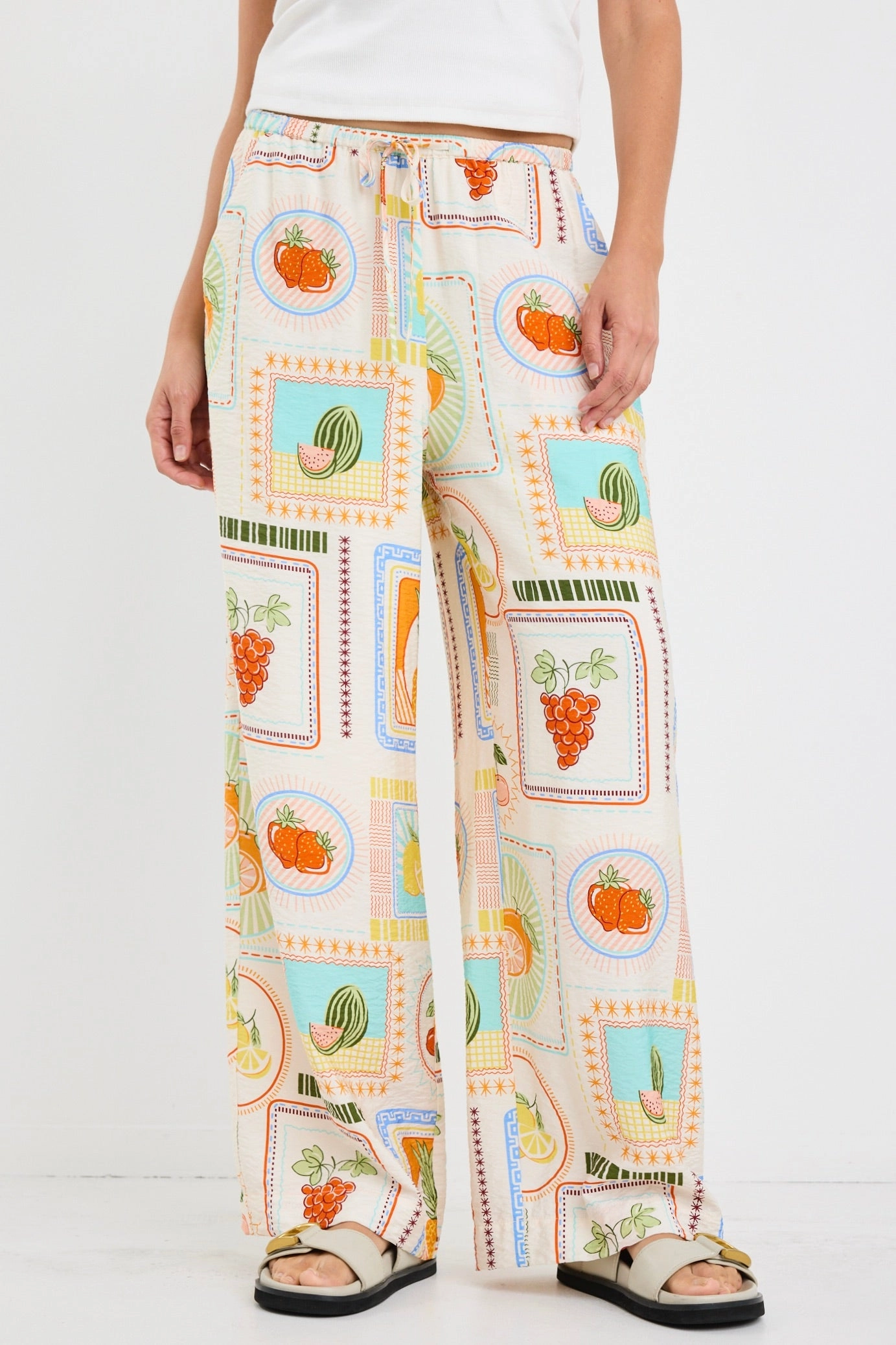 Travel Cream Tropical Postcard Wide Leg Pull On Pants Shape Retention