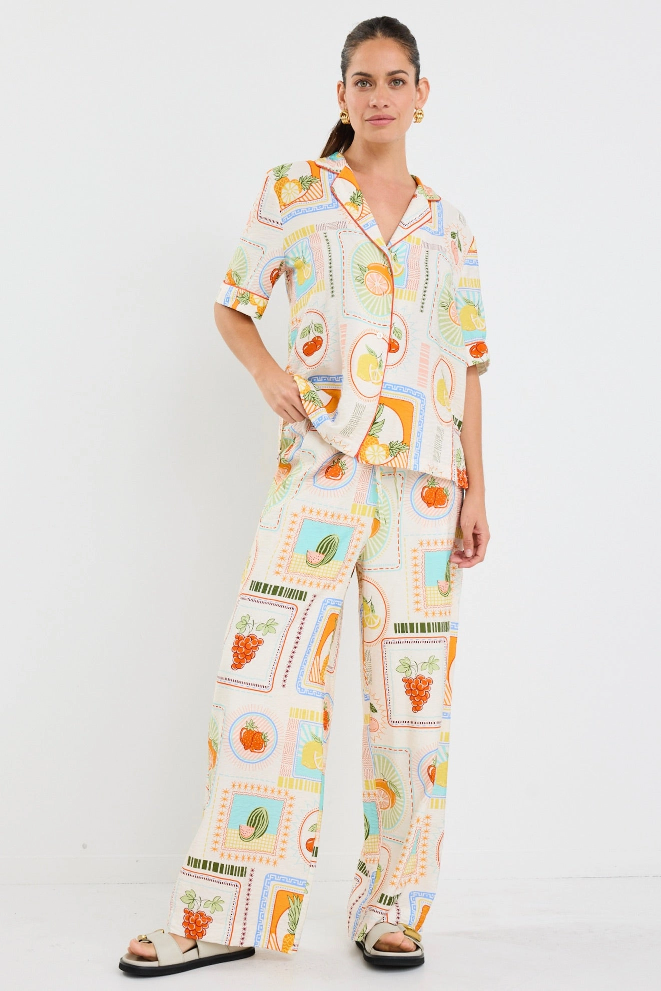 Lounge-friendly Travel Cream Tropical Postcard Wide Leg Pull On Pants